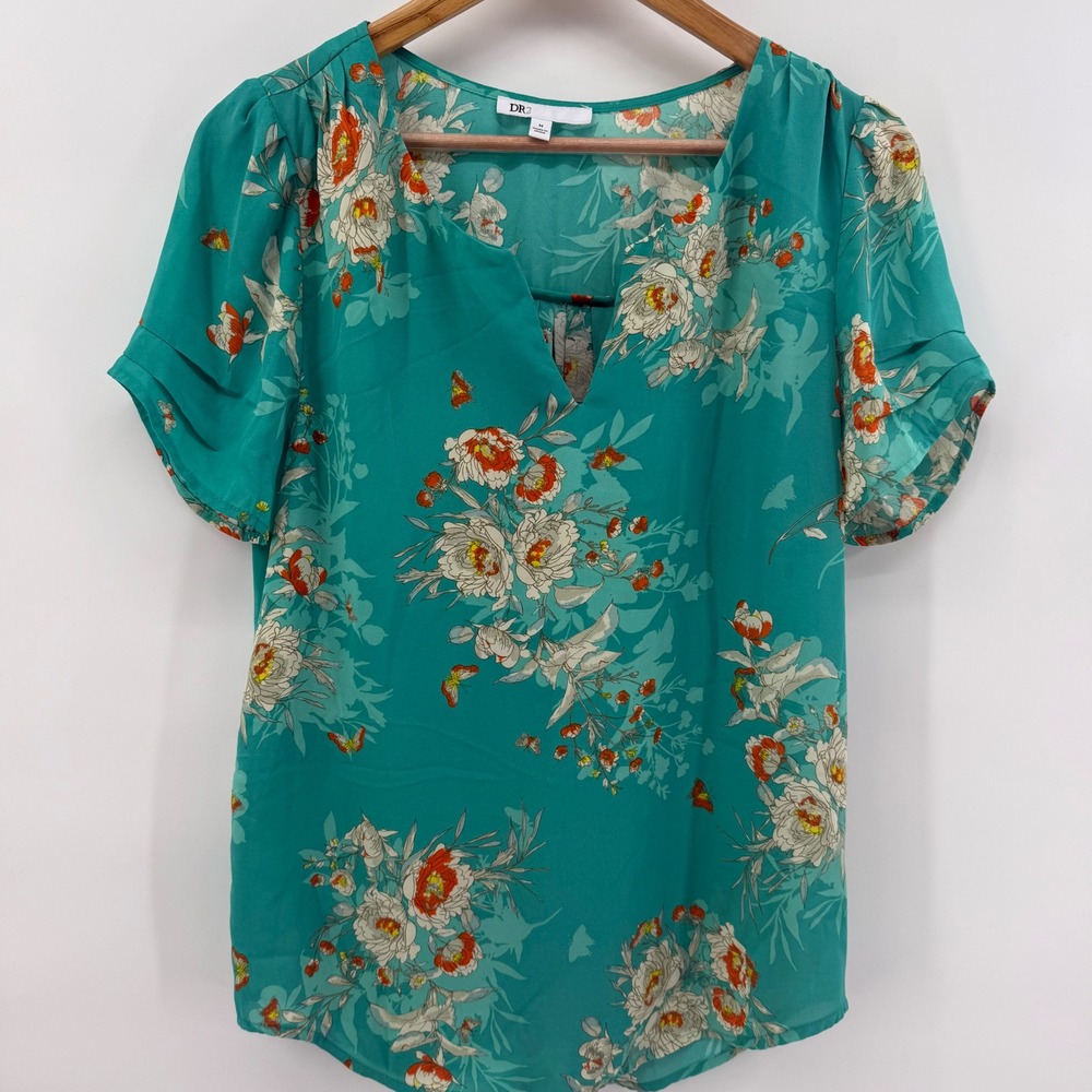 DR2 Run 2 Fun Teal Green Floral Butterfly Split Neck Blouse DR12813PR1 Medium